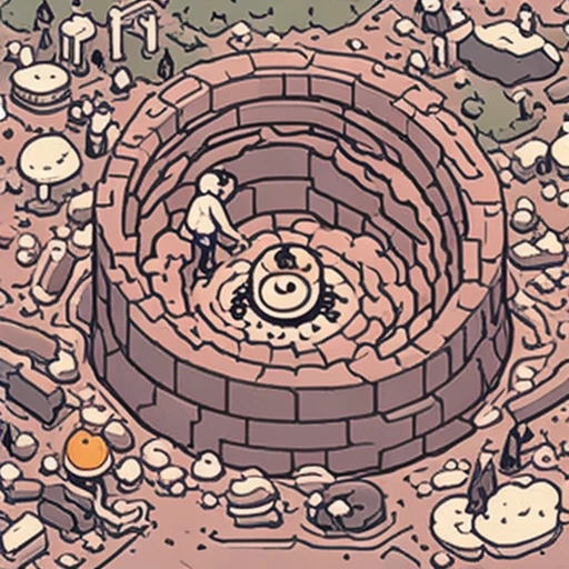 a giant hole swallowing tiny cartoon people, flat vector illustration, bold outlines, mobile game ad
