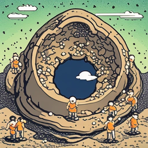 a giant hole swallowing tiny cartoon people, flat vector illustration, bold outlines, mobile game ad