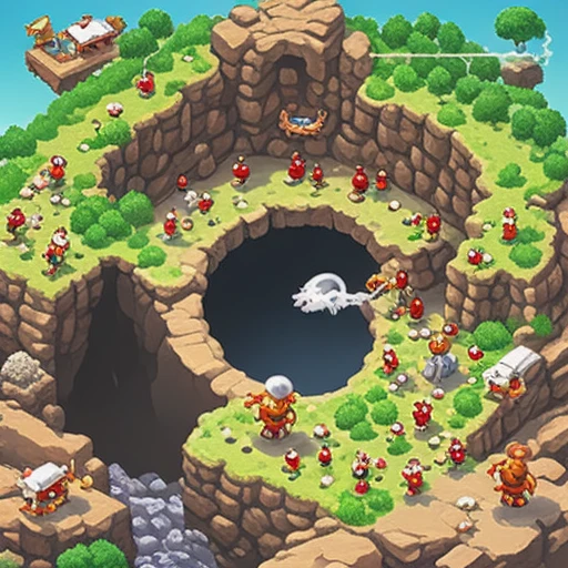 a giant hole swallowing tiny cartoon people, hand-painted casual game art, mobile game ad