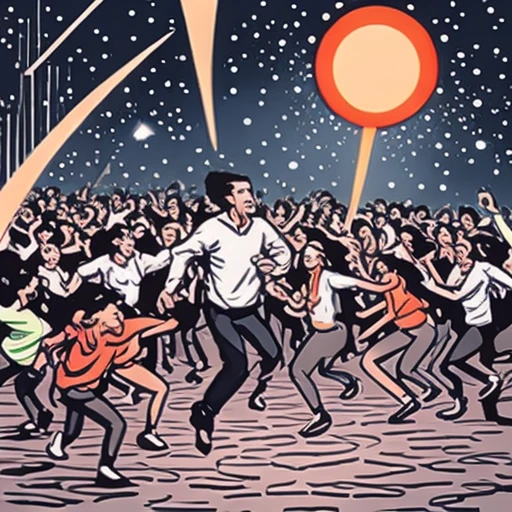 a crowd running toward a glowing hole, flat vector illustration, bold outlines, mobile game ad