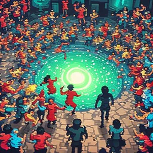 a crowd running toward a glowing hole, hand-painted casual game art, mobile game ad