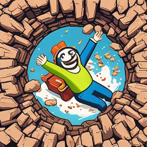 one cartoon person falling into a hole, arms up, hand-painted casual game art, mobile game ad