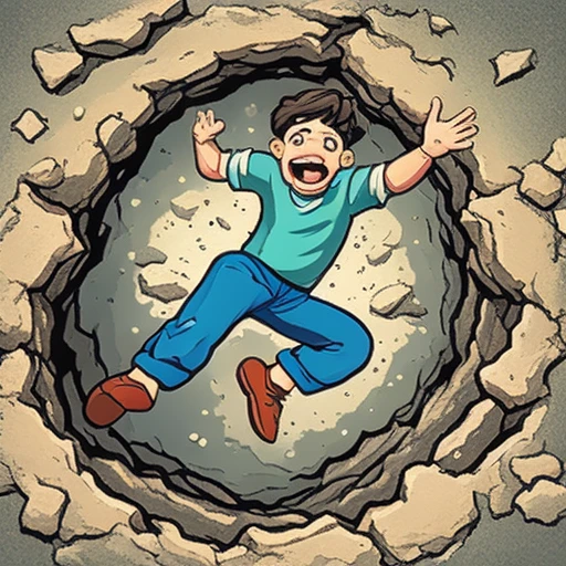 one cartoon person falling into a hole, arms up, hand-painted casual game art, mobile game ad