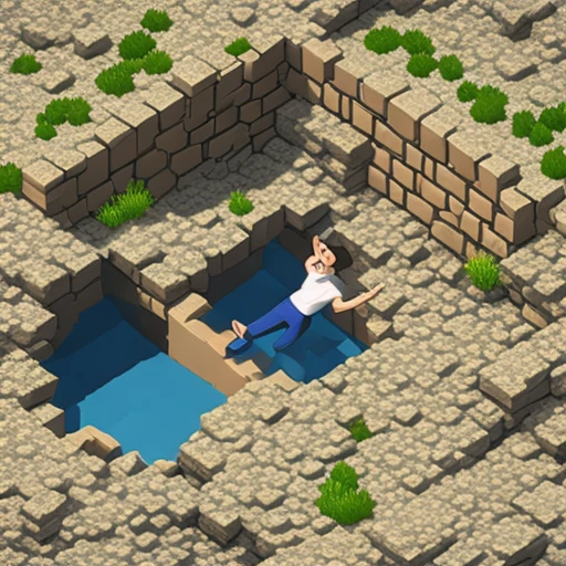 one cartoon person falling into a hole, arms up, isometric diorama, miniature style, mobile game ad